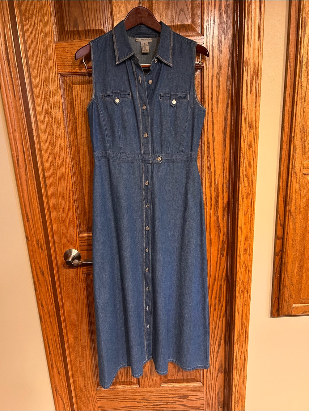 Sleeveless Denim Maxi Dress with Front Buttons - Blue